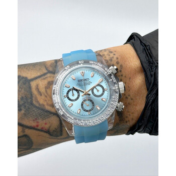 Custom Seiko Mod • Ice Blue Clear Plastic Daytona Rose Gold Trim Quartz Chronograph • 39.5mm